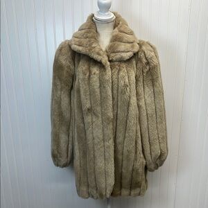 Vintage Jordache Faux Fur Glam‎ Longline Jacket Tan Satin Lined Made In USA Sz L